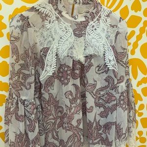 Loft semi sheer high neck blouse with statement sleeve